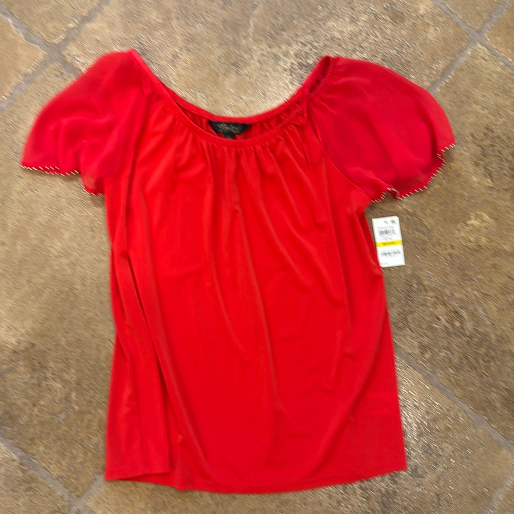 Thalia Sodi red top with flutter chiffon sleeves and gold trim!  Size M